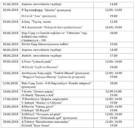 Gənc Tamaşaçılar Teatrının iyun repertuarı