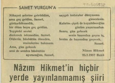 Nazim Hikmətin Səməd Vurğuna yazdığı şeir