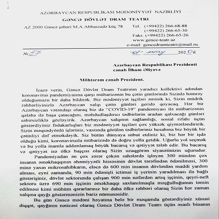 Gəncə Teatrının kollektivi Prezidentə təşəkkür ünvanlayıb